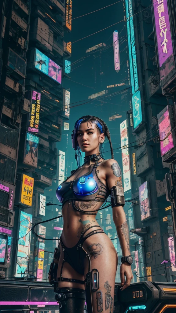 ((extremely delicate and beautiful cybernetic girl)), ((mechanical limblood vessels connected to tubeechanical vertebrae), ((mechanical cervical attaching to neck)), (wires and cables attaching to neck:1.2), ((mass of wires and cables on head)), (character focus), (((dynamic pose))), ((cowboy shot)), (masterpiece), (((best quality))), ((ultra-detailed)), (highly detailed photorealistic CG illustration), cinematic lighting, science fiction, extremely detailed,colorful,highest detail, (((cyberpunk city background))), tattoos,