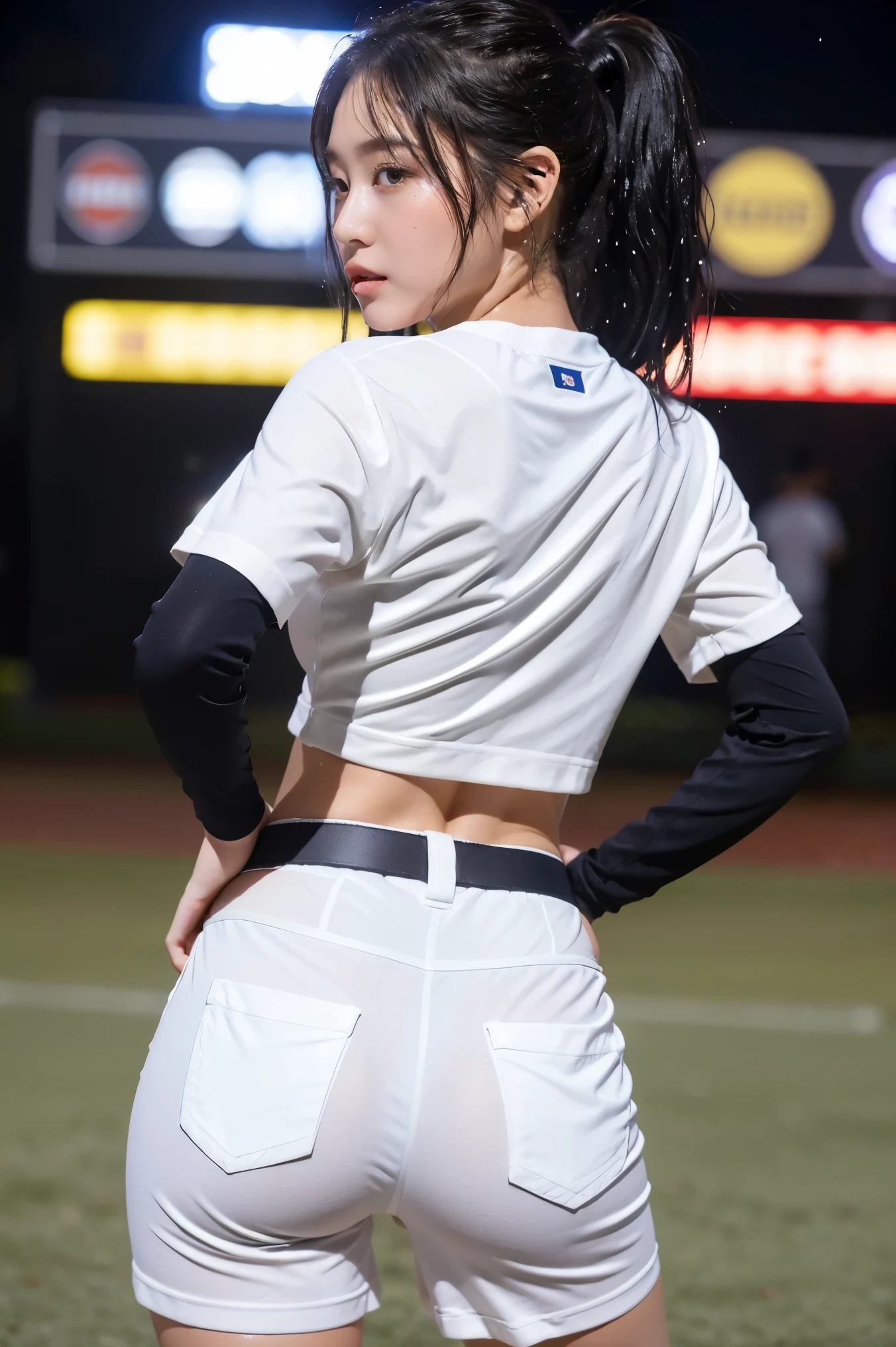 (8K), (highest quality: 1.2), (realistic), (realistic: 1.37), ultra high resolution, (3 girls),(straight black hair), (Scrunchie),Giant Dulcefo,(short baseball uniform),(waist is exposed:1.1),(Wet and see-through white hot pants:1.2), Standing in the city at night,whole body,long legs,Wet beautiful legs,From the back,(Super small ass:1.3),ponytail,(The lower part of her buttocks is slightly exposed from her hot pants.),(back view),(shot from behind:1.5),