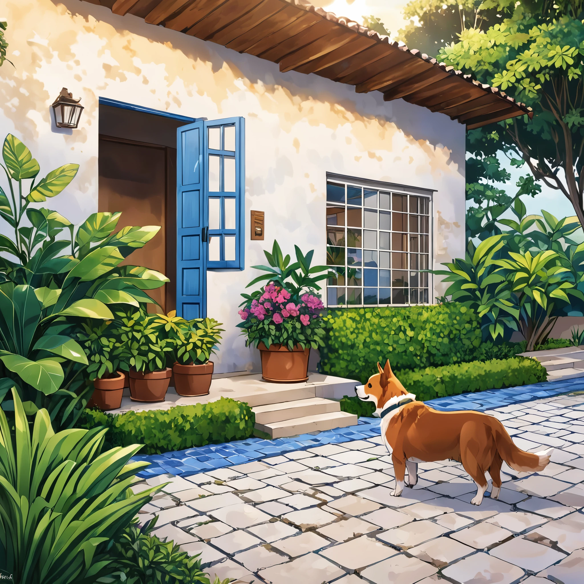 Estilo anime,Imagine uma casa simples brasileira na zona rural, interior, feita com blocos e concreto, telhado com telhas de barro , janela ,with two plants at the entrance and a dog sitting on the sidewalk , faxada pintada na cor azul celeste, white tiled sidewalk , casa modesta e acolhedora ,humilde no Brasil, at sunset yellow and purple 