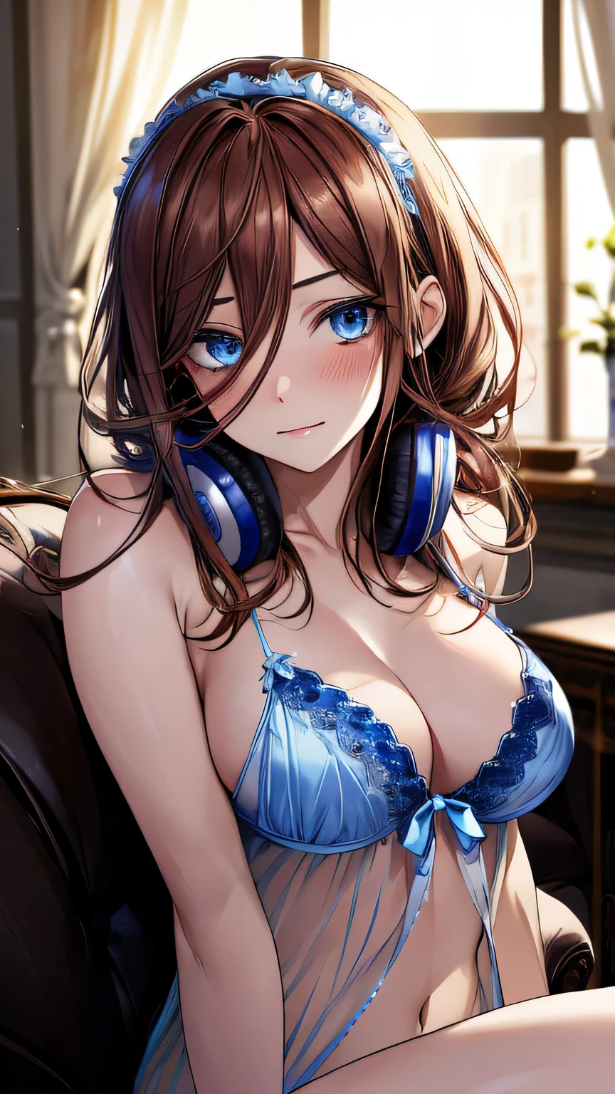 absurdres, best quality, 1girl, solo, focused eyes, looking at viewer, Miku sitting on couch, sitting crosslegged, Miku, (pov: sitting), nightgown, lingerie, (beautiful round breasts:1.3), brown hair, standing, body straight, HD, 4k, 8k, ultra-detailed, bokeh, vivid colors, blurred city light background, blurred lights, window, blurry background, sharp focus, dramatic lighting, beautiful blue eyes, extra details, symmetric face, composed posture, blush, messy hair, headphone, detailed face