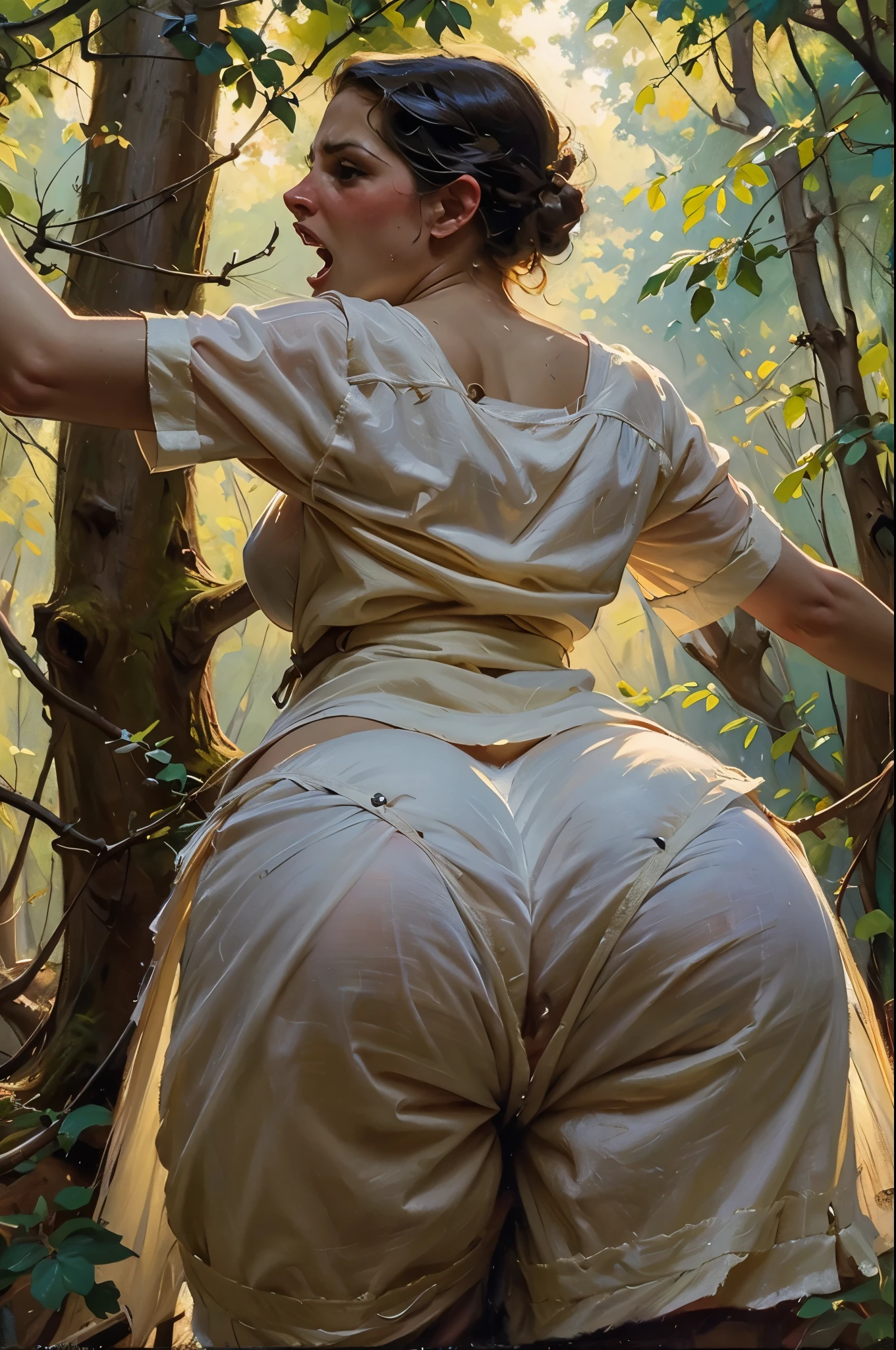 (AOC:1.1), bragas, from behind, encorvado, Caderas anchas, muslos gruesos, Oil painting, by sargent, open_mouth, screaming, tied to a tree, forest