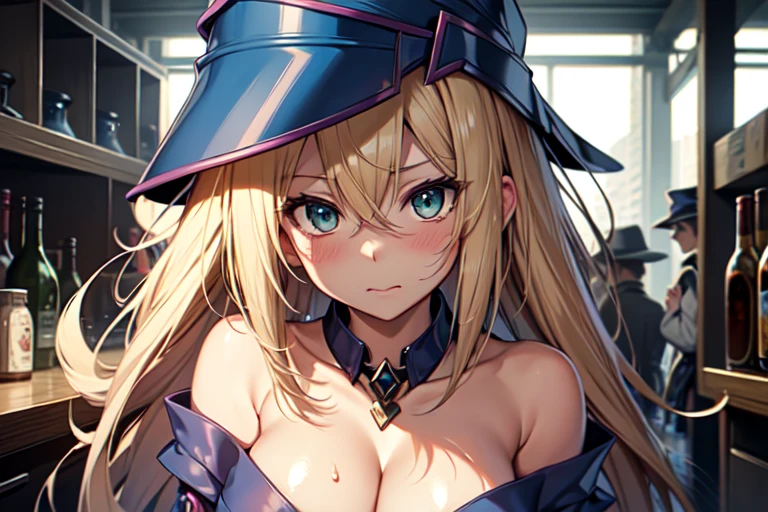 master piece,best quality,ultra detailed,8k,
ambient light,realistic skin,glossy skin,
（dark magician girl, duel monster, blush stickers, blonde hair, green eyes, long hair, breasts, blush, bangs, large breasts, hair between eyes, pentacle, pentagram, hat, dress, cleavage, bare shoulders, collarbone, choker, blue headwear, wizard hat, bracer, detached sleeves;）、
A realistic depiction of a person trapped inside a glass bottle, 、（lie face down：1.3）、（portrait）、（the body is very wet：1.5）、yukata、Glossy lips、Slightly emphasize the lower lip、blush、embarrassed expression、emphasizing the cleavage、