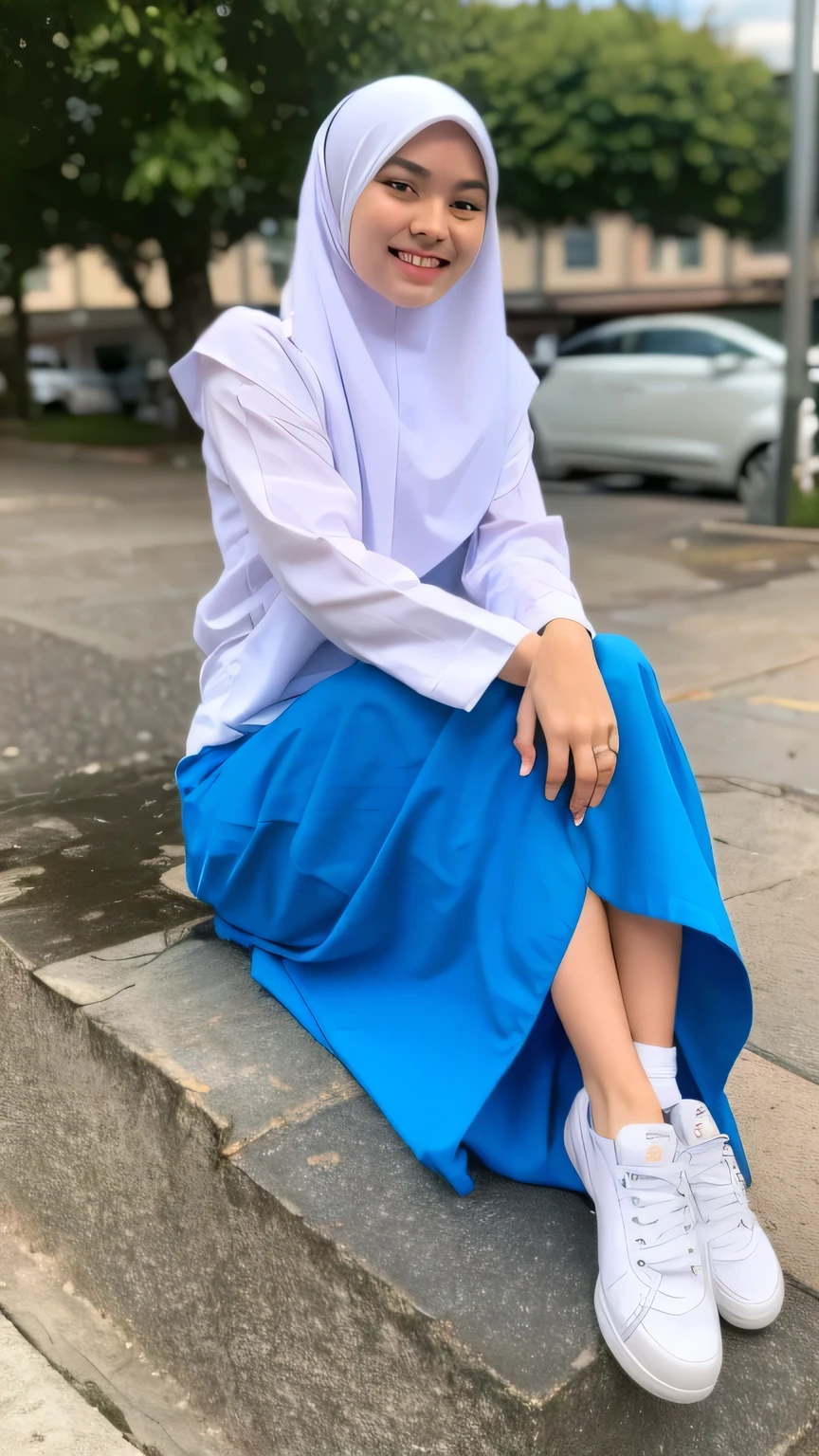 1 girl, (white dress), wearing hijab, niqabis, ((blue skirt)), long sleeve, (teenager), tiny, face, beautiful, very pretty, blushing, flawless, best quality, masterpiece, ultra high resolution, (photo realistic:1.4), raw photo, (very large breasts,full body:1.2), look at camera, smile, (chruch background), elegant, japanese, soft cloth, satin fabric,