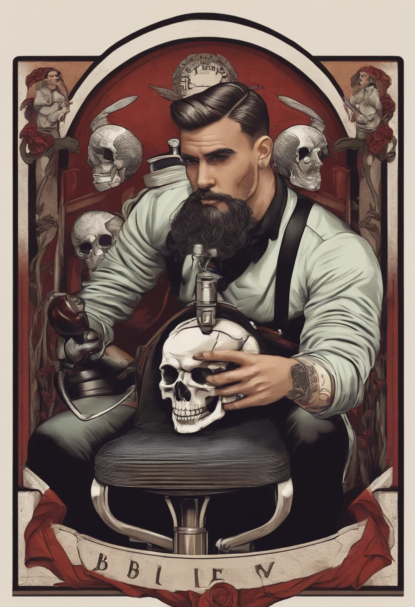 Barber with skull head cutting hair 