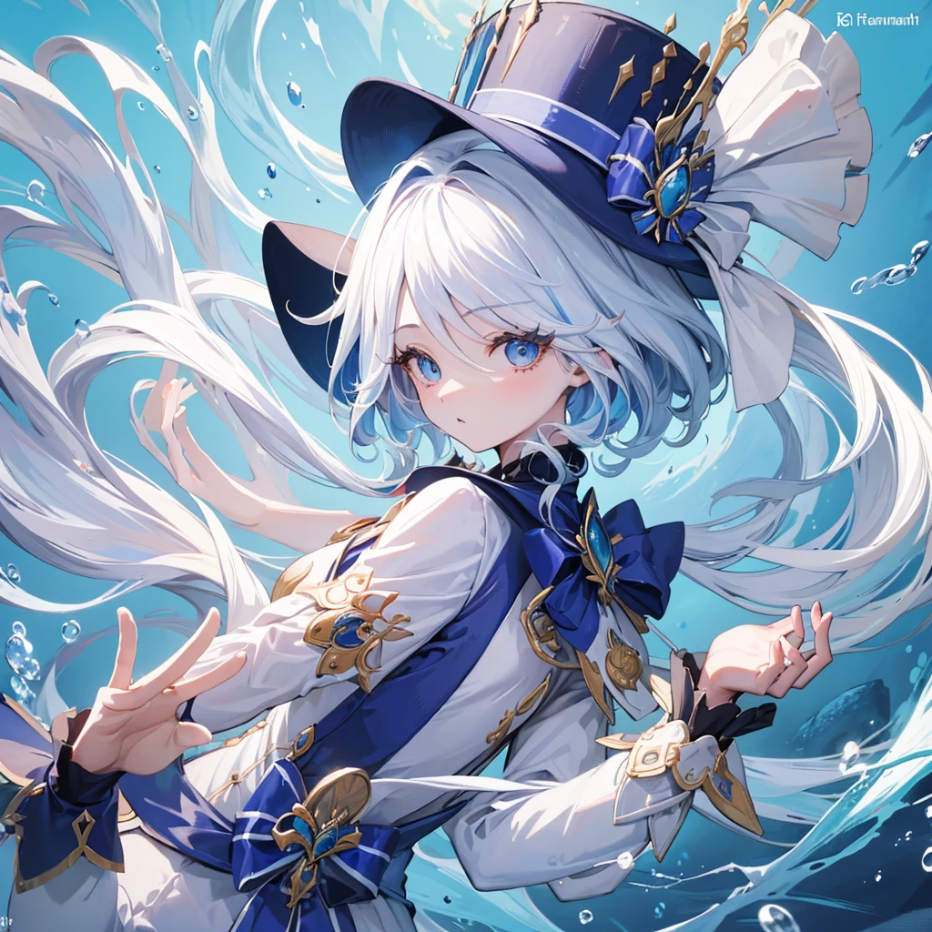 GenshinImpact、Freena、Wearing a hat、white  clothes、Top image quality、Very fine hairs、Ultra High Definition Facial、Ultra-fine eyes、under the water、foam、reefs、Under the sea、fantastical light、Mystical、