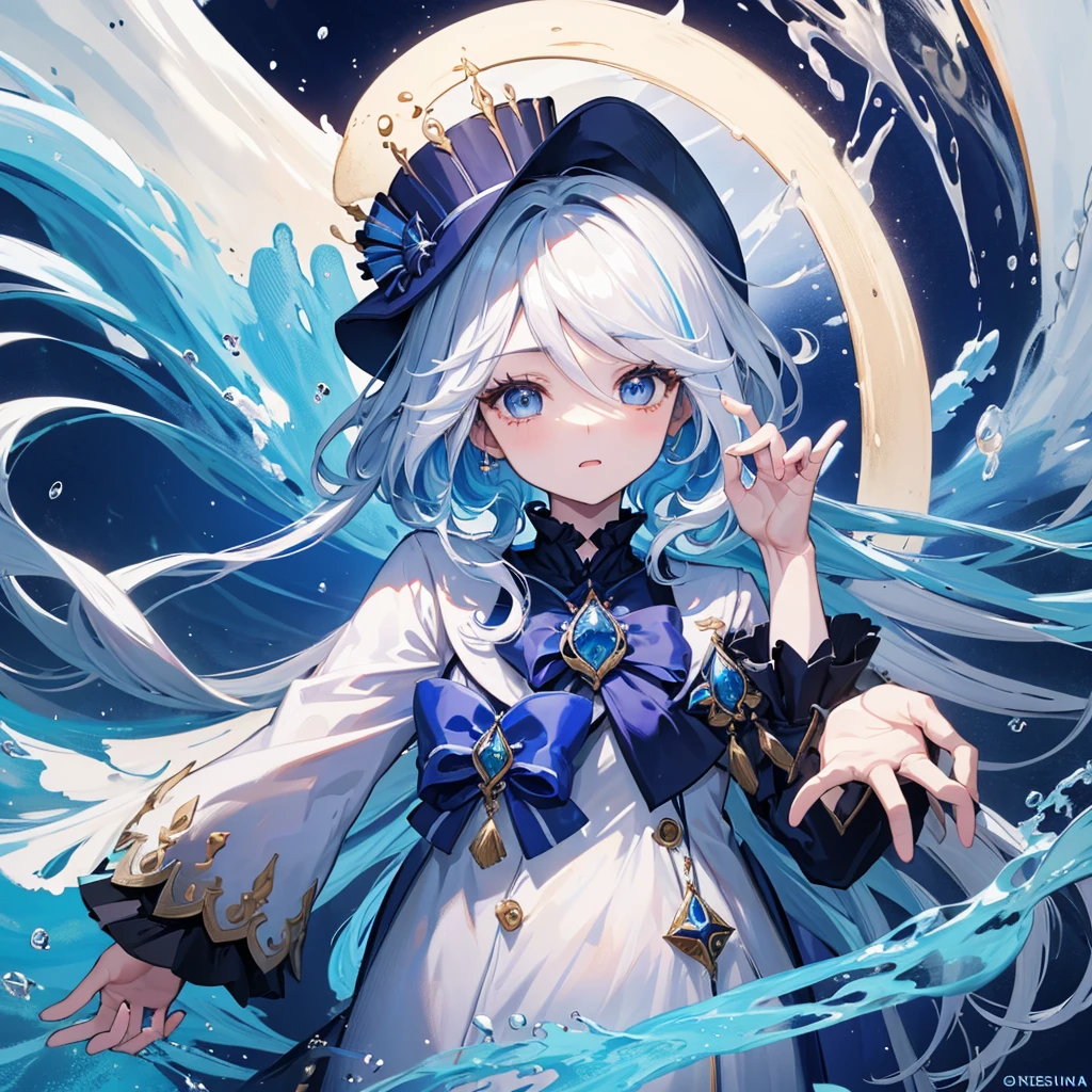 GenshinImpact、Freena、Wearing a hat、white clothes、Top image quality、Very fine hairs、Ultra High Definition Facial、Ultra-fine eyes、under the water、foam、reefs、Under the sea、fantastical light、Mystical、
