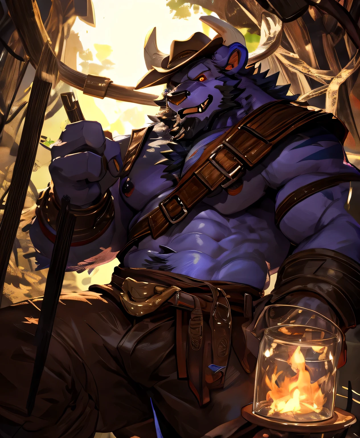 (super detailed,high resolution,HD,masterpiece),8k,(by lindong),(by nullghost),(alistar:1.5),(Bare upper body),(Strong muscles),(A pair of horns on the head),(Wearing a cowboy hat:1.2),(Red Dead Redemption style),(The background is the western desert wilderness)