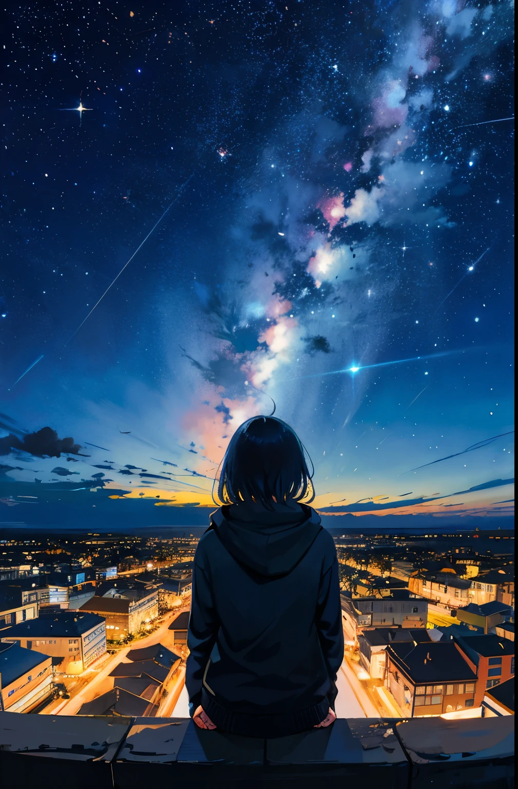 octans, sky, star (sky), scenery, starry sky, night, 1girl, night sky, solo, (back view), (hoodie), perfect hand, outdoors, building, cloud, milky way, sitting, tree, country town, silhouette, cityscape
