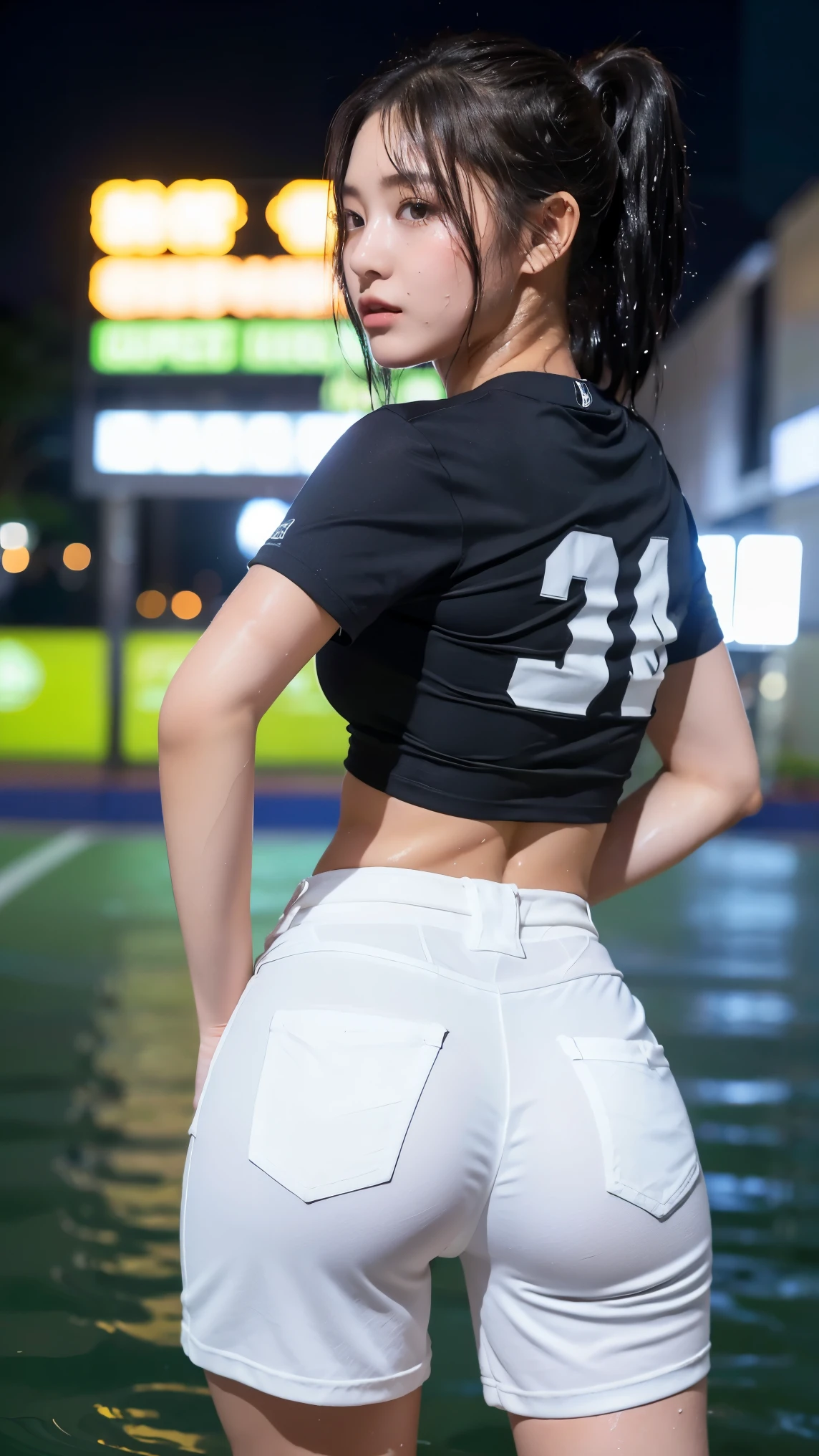 (8K), (highest quality: 1.2), (realistic), (realistic: 1.37), ultra high resolution, (3 girls),(straight black hair), (Scrunchie),Giant Dulcefo,(short baseball uniform),(waist is exposed:1.1),(Wet and see-through white hot pants:1.2), Standing in the city at night,whole body,long legs,Wet beautiful legs,From the back,(Super small ass:1.4),ponytail,(The lower part of her buttocks is slightly exposed from her hot pants.:1.3),(back view),(shot from behind:1.5),