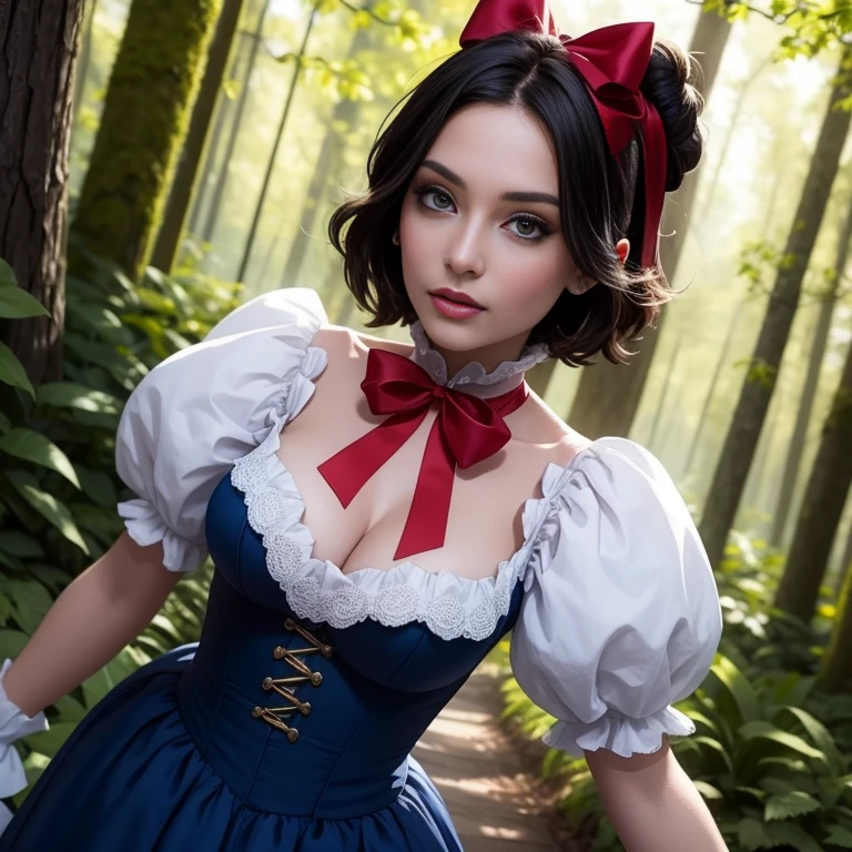 Masterpiece, best quality, detailed face, Snow White, long blue dress with white collar, blue and puffy sleeves with red slashing, yellow skirt, laced petticoat, high-heeled shoes with a bow-like ribbon on each of them, red ribbon on her hair, black hair, looking at viewer, sexy smirk, in a forest, close up