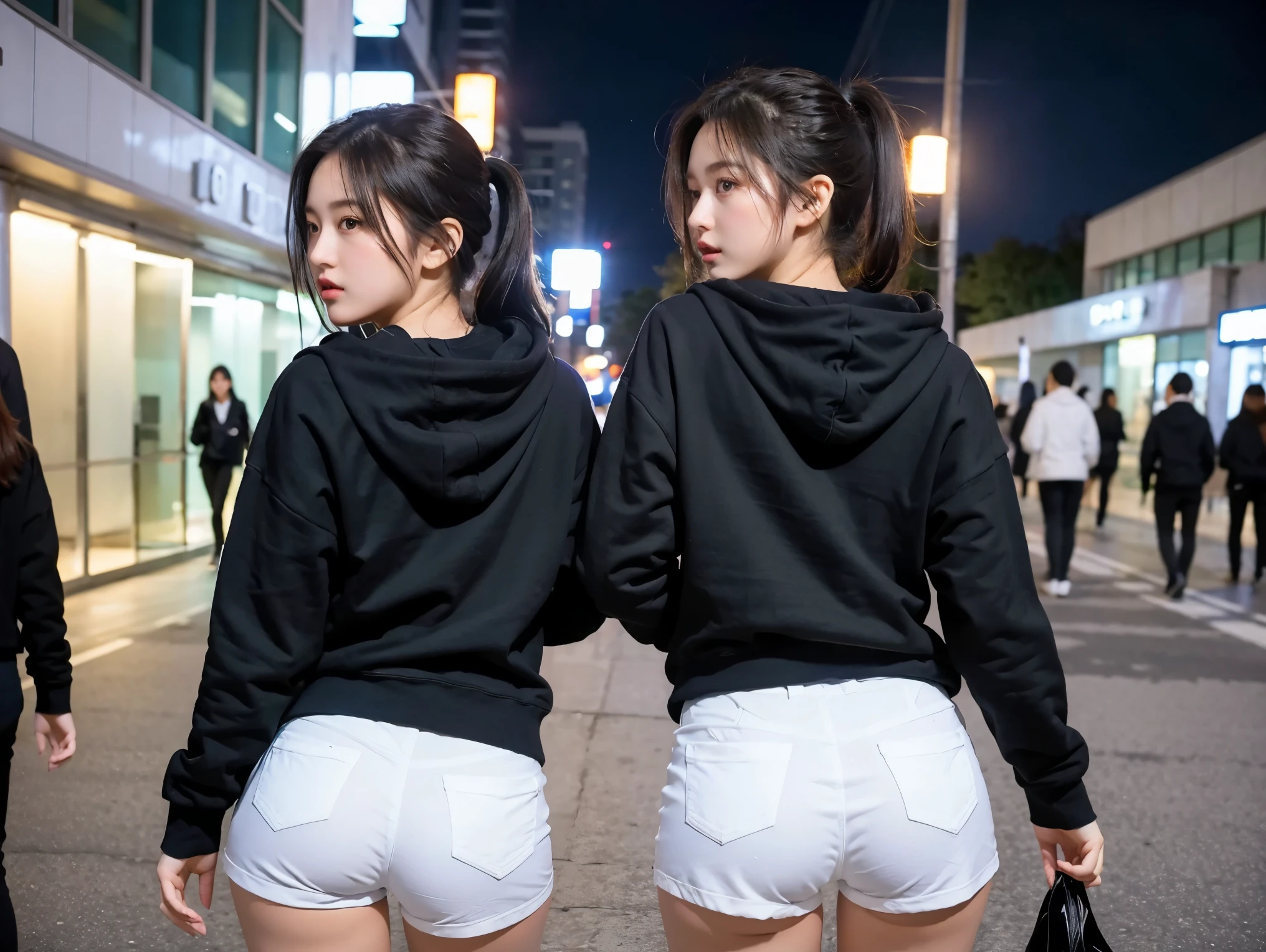 8K), (highest quality: 1.2), (realistic), (realistic: 1.37), ultra high resolution, (3 girls),(straight black hair), Giant Dulcefo, self snap,(school uniform),(black hoodie),(White hot pants),Standing in the city at night, whole body,long legs,beautiful feet,From the back,(Super small ass:1.3),ponytail,The lower part of her buttocks is slightly exposed from her hot pants.,back view,(shot from behind:1.5),
