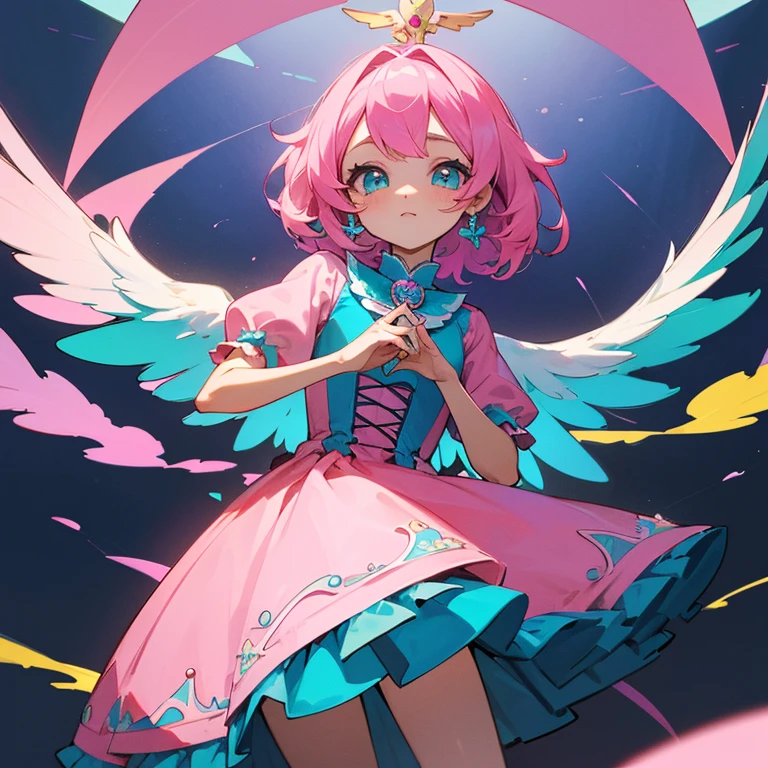 ((Chica estilo dibujo anime Kawaii femenina)),((vestido con volantes de color celeste con rosado)) ,((pelo corto a la altura de los hombros)), ((tono de cabello blanco con una ligera tonalidad celeste)), ((ojos color rosado)) , ((al costado de su cabeza tiene unas alas en tonos rosado)).
