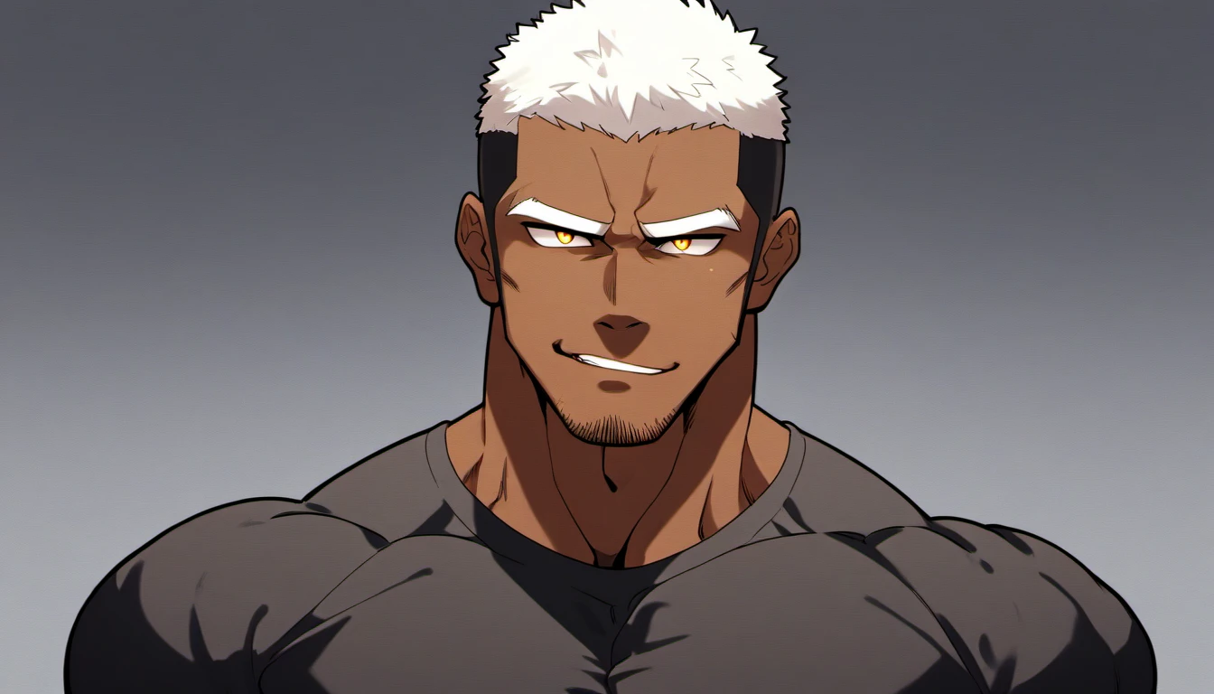 anime characters:Black man, Fitness coach, Dark black skin tone, His skin is pitch black., 1 muscular tough guy, Manliness, male focus, Cream Lycra T-shirt, Very tight, The pectoral muscles are oversized, Slightly transparent, muscular male, muscular, only, Upper body, alone, White short hair, Thick eyebrows, stubble, Yellow eyes, Grey background, simple background, amazing quality, best aesthetics, Ridiculous, bright pupils, crew cut, parted lips, seductive smile, torogao, naughty face, drop shadow, best quality