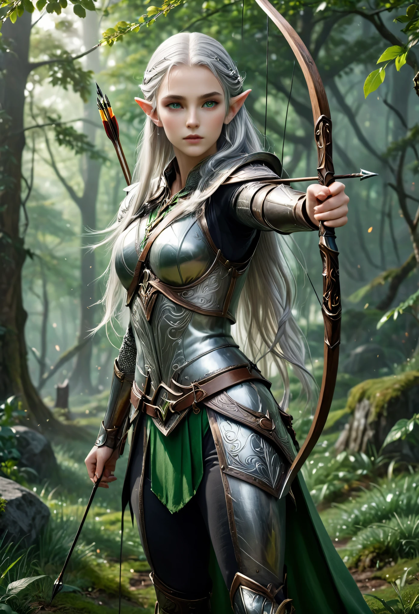 (master piece), 8k, best quality, panoramic view, full body, Elf, young, , green eyes, with slightly flushed white skin, subtly contrasting with her long, silver hair. Her body was slender and athletic, with a height of 168cm, detailed silver warrior armor covering her entire body, bronze detail, conservative, holding war bow with rune writing, nocking a plasma light arrow .