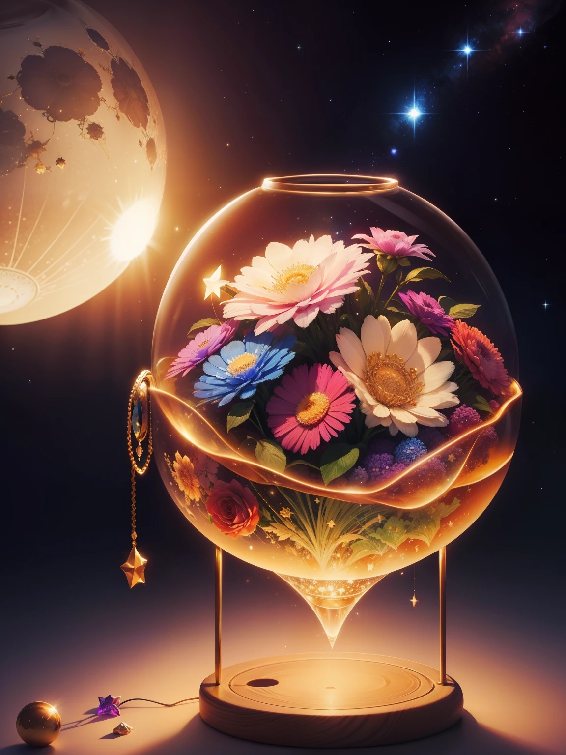 Crystal colorful flowers, magic, dream Catcher, universe , space, floating, moonlight, magic kanote gold crystal pot,,Sun, moon and stars