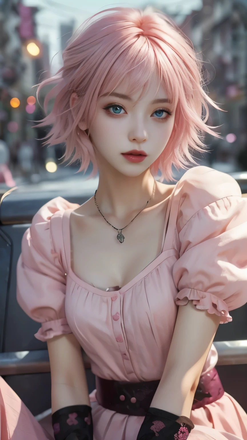 ​masterpiece, top-quality, ((1womanl)), different pink color, finely eye and detailed face, intricate detailes, Casual black and pink attire, window, A smile, Happiness, tenderness, high-level image quality、selfee, Beautuful Women、tall、a small face, D-cups, The upper part of the body、nightfall, nighttime scene、𝓡𝓸𝓶𝓪𝓷𝓽𝓲𝓬、Korea person, Idol Photos, Model photo, k pop, Professional Photos, Vampires, Korean fashion in black and pink, Fedoman with necklace, inspired by Sim Sa-jeong, androgynous vampire, :9 detailed face: 8, extra detailed face, detailed punk hair, ((eyes are deialed)) baggy eyes, Seductive. Highly detailed, semi realistic anime, Vampires, hyperrealistic teen, Delicate androgynous princess, imvu, ((short hair woman)), pink hair woman with wild look, ((Woman with short pink hair)), ((1 persons)), sitting,