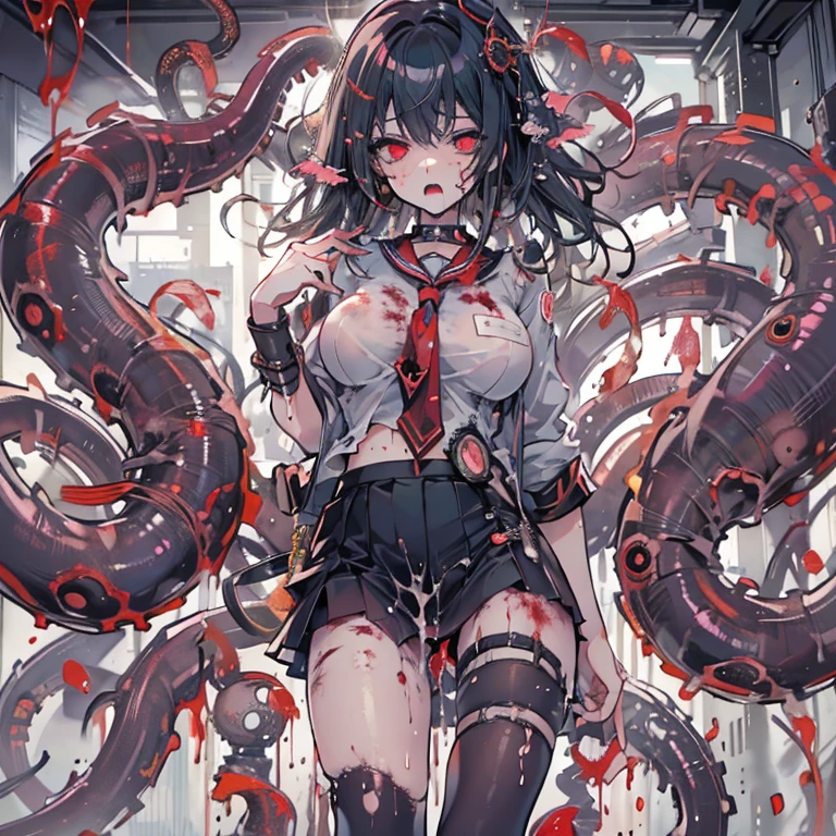 masterpiece, best quality, masterpiece,best quality,official art,extremely detailed CG unity 8k wallpaper, show foot, ***********, solo, kawaii, no_humans, medium hair, black hair, tentacle hair, saliva, blood on face, light blush, red eyes, blood from eyes, large breasts, hanging breasts, one breast out, seifuku, black pantyhose, uwabaki, tentacle, vore, bdsm, girl_on_top, sex, femdom, facesitting, pussy_juice, female_ejaculation, cum, zombie  girl ，one girl one boy，Girl infects man，Man under girl，Zombie girl