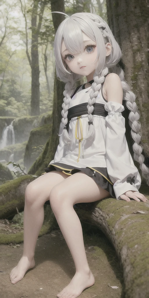 Melhor qualidade, obra de arte,cabelo branco, olhos dourados,Roupas brancas, olhando pra cima, tronco,mecha de cabelo,pele clara,side braids