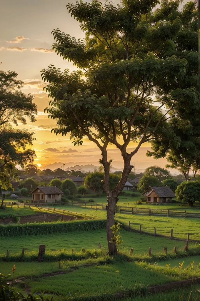An enchanting village scene bathed in the golden glow of the setting sun, with a solitary mango tree standing tall amidst lush green fields.