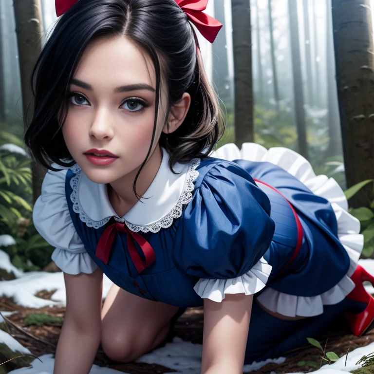 Masterpiece, best quality, detailed face, Snow White, long blue dress with white collar, blue and puffy sleeves with red slashing, yellow skirt, laced petticoat, high-heeled shoes with a bow-like ribbon on each of them, red ribbon on her hair, black hair, looking at viewer, sexy smirk, in a forest, close up