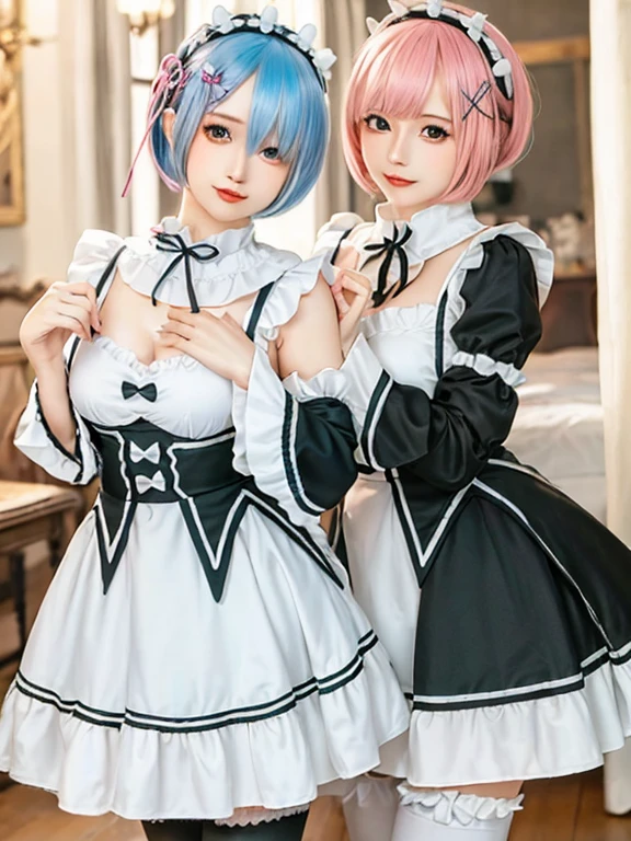 (8K, Photorealistic, Raw photo, of the highest quality: 1.3), (1girl in), Super beautiful, (Realistic face), (boyish, pink Color Berry Shorthair), Beautiful , Glare that captivates the viewer, Beautiful expression, Beautiful breasts, (Realistic skin), Be...Create a detailed and colorful image of Ram and Rem from Re:Zero, standing back-to-back in their maid outfits, with a magical fantasy background、14years old, two girls,cute, perfect face, beautiful, nice body, gothic lolita clothes, gothic lolita fashion, frilly skirt, headdress, necklace, bracelet, knee-high socks, boots, double eyelids, tear bags, Detailed down to the fingers, photo-like description, indoors, dim indoor lighting, one girl is pink hair and short bob, another girl is light blue hair and short bob,standing, sexy posing,whole body, composition that shows the whole body, smiling,The Both of them are wearing the same type of maid outfit,Optimal ratio of 4 fingers and 1 thumb