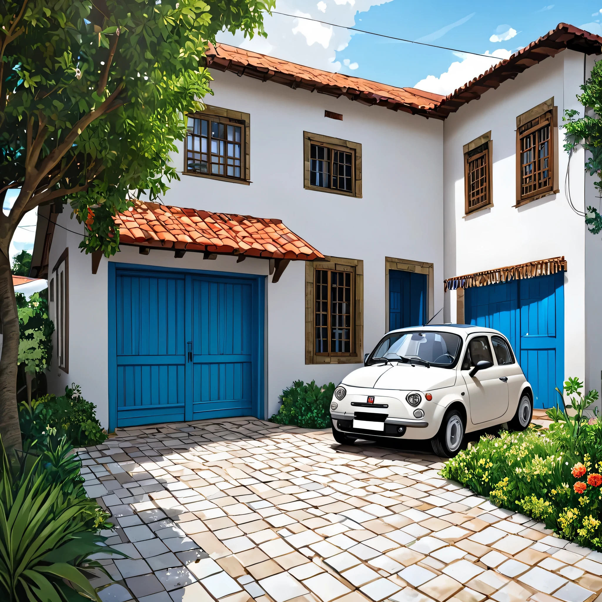 Estilo anime,Imagine uma casa simples brasileira na zona rural, interior, feita com blocos e concreto, telhado com telhas de barro , janela ,com duas plantas na entrada e um carro Fiat vermelho estacionado do lado , faxada pintada na cor azul celeste, white tiled sidewalk , casa modesta e acolhedora ,humilde no Brasil