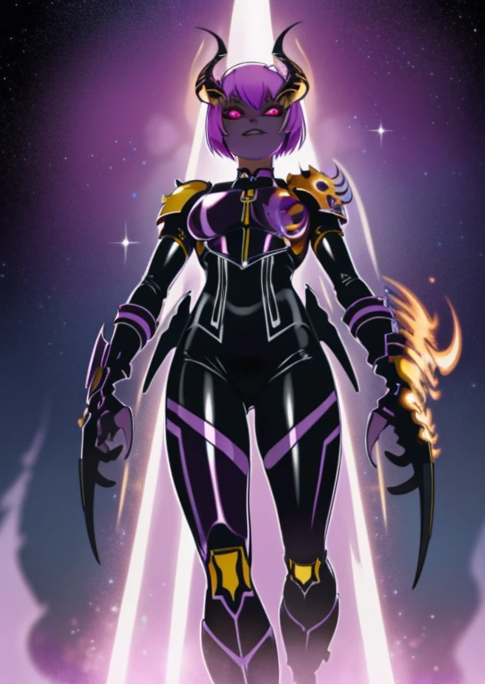 (1girl) (digital) (in detailed cliff, (horns, latex bodysuit, from below, colored skin, hooves, monster girl, demon girl, claws, serious sparkle eyes eyetype)) , best quality, slaanesh 