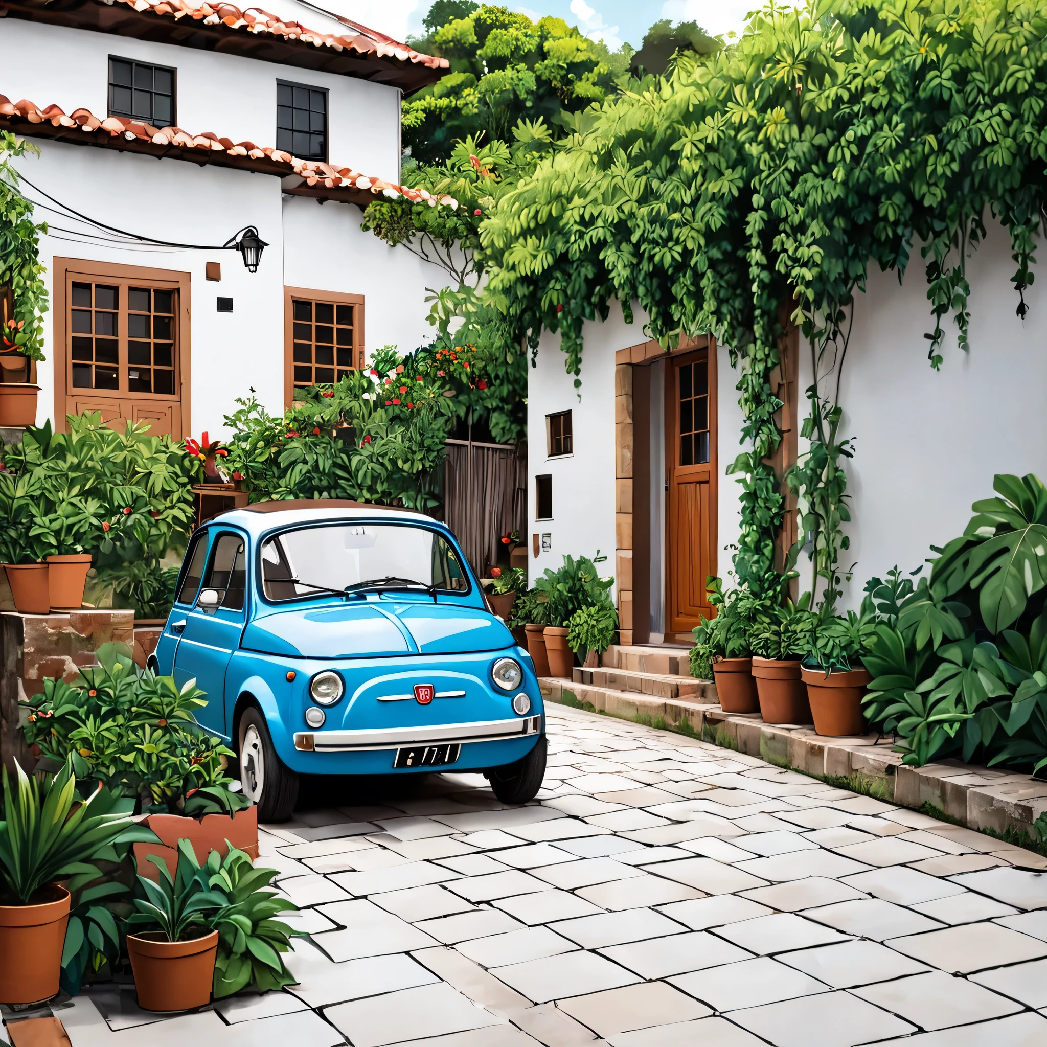 Estilo anime,Imagine uma casa simples brasileira na zona rural, interior, feita com blocos e concreto, telhado com telhas de barro , janela ,com duas plantas na entrada e um carro Fiat vermelho estacionado do lado , faxada pintada na cor azul celeste, white tiled sidewalk , casa modesta e acolhedora ,humilde no Brasil