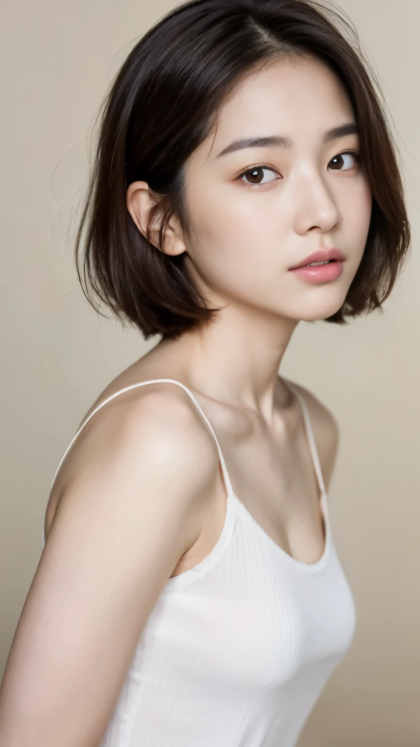 (8k,RAW photo:1.2,best quality:1.4,masterpiece:1.2,UHD:1.2),(realistic, photorealistic:1.4,ultra highres:1.2),1girl,japanesgirl, yo,cowboy shot, (looking at viewer:2),no makeup,ultra-detailed,ultra detailed skin,ultra realistic skin,brown hair,brown eyes,short hair,white T-Shirt,(very white skin,very clear skin,very pale color skin),natural lighting,(CONTAX RTS,Carl Zeiss Planar 85mm, F/1.4),