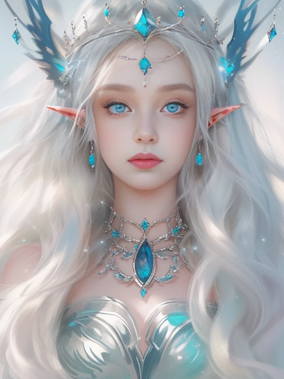 8K，High quality detailed art, 1 woman with a crown, （Beautiful and elegant elf princess, Fantasy art style, 8K，，Blue sparkling eyeshadow， (long  white hair，White-colored skin，Elf Girl，The skin is translucent white，sparkle in eyes，beautiful  face，paleskin），Particle，Glow，