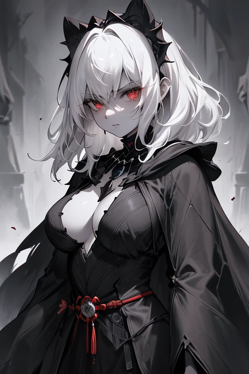 black long sword，cloak，vampire，Full body close-up，masterpiece, best quality, best quality,Astonishing,beautiful red eye,fine details,depth of field,Extremely detailed CG unified 8k wallpaper, masterpiece,(((dark white hair))),shrine maiden,(shadowy mist),{flowing hair},{thick hair},{{{Gelatinous texture}}},{contour},(Ruins of beautiful details),{Character close-up},{{{smooth skin}}},(((Upper body))),(The skin is smooth and shiny),(Smooth face、Radiant hair),perfect details,Beautifully gorgeous necklace,,