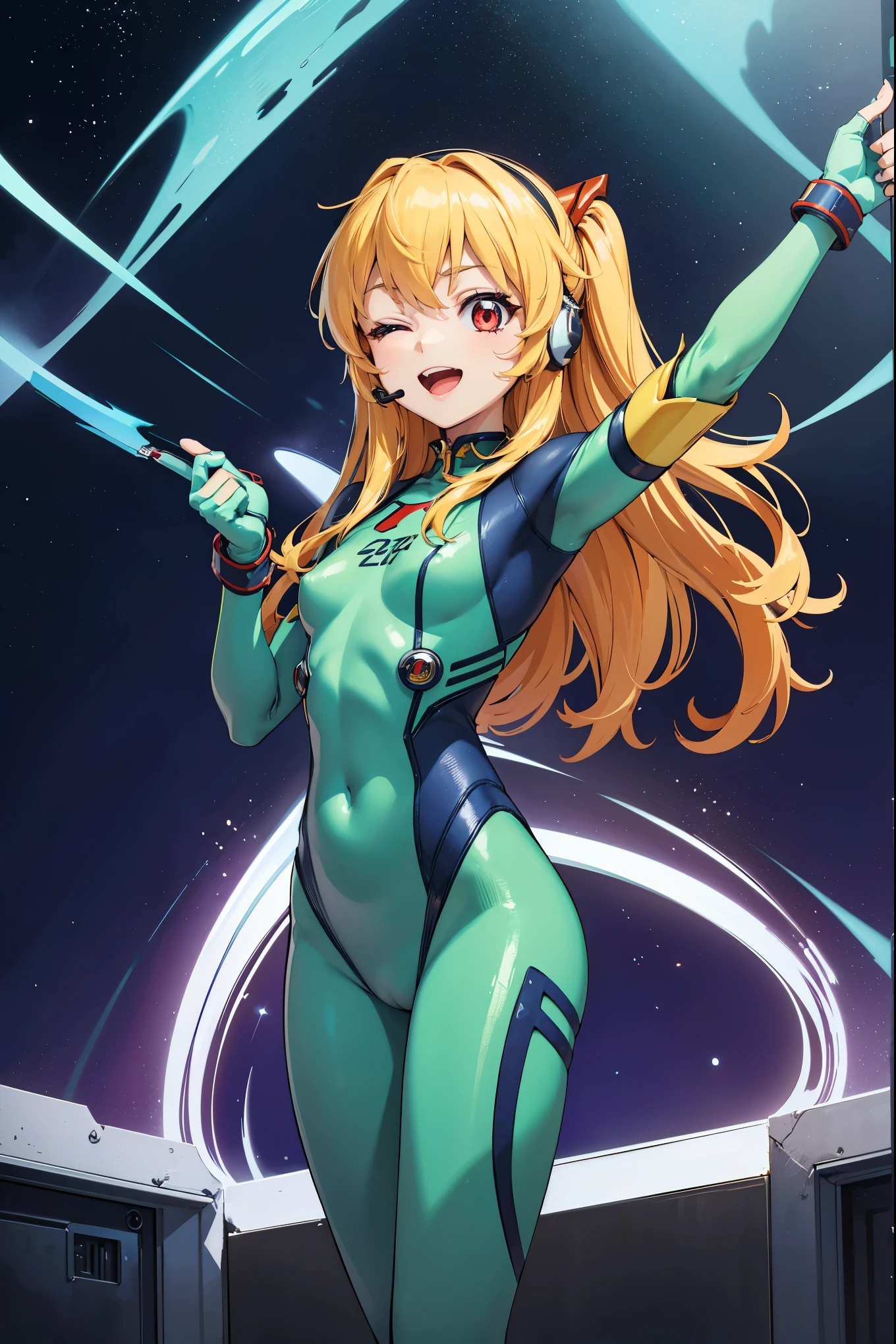 (Overlooking figure),dynamic angle,Super detailed, figure, close, straight, 1 girl, 
 ((Soryu Asuka Langley, interface headset, look at the audience、Green Hero Suit、Green bodysuit、Tight suit、(nffsw :1.0), Green Ultraman Bodysuit, blonde)),Her eyes shone like dream-like stars,(shining eyes:1.233),(beautiful and detailed eyes:1.1),(No expression),(Are standing), the last spell（prompt）
(masterpiece, highest quality, ultra high resolution, perfect anatomy, very detailed),
break,
1 girl,
************,
red eyes,
twin tails,
blonde hair,
big ribbon in hair,
Idol Costumes,
break,
(Pointing),
(full face),
One eye closed,
(open your mouth),
Glowing Eyes,
smile,
stage lighting,
(In a white spaceship、Mechanic room with tools and spaceship window),
(night:1.2),dream-like, [[delicate fingers and hands:0.55]::0.85],(finger details),