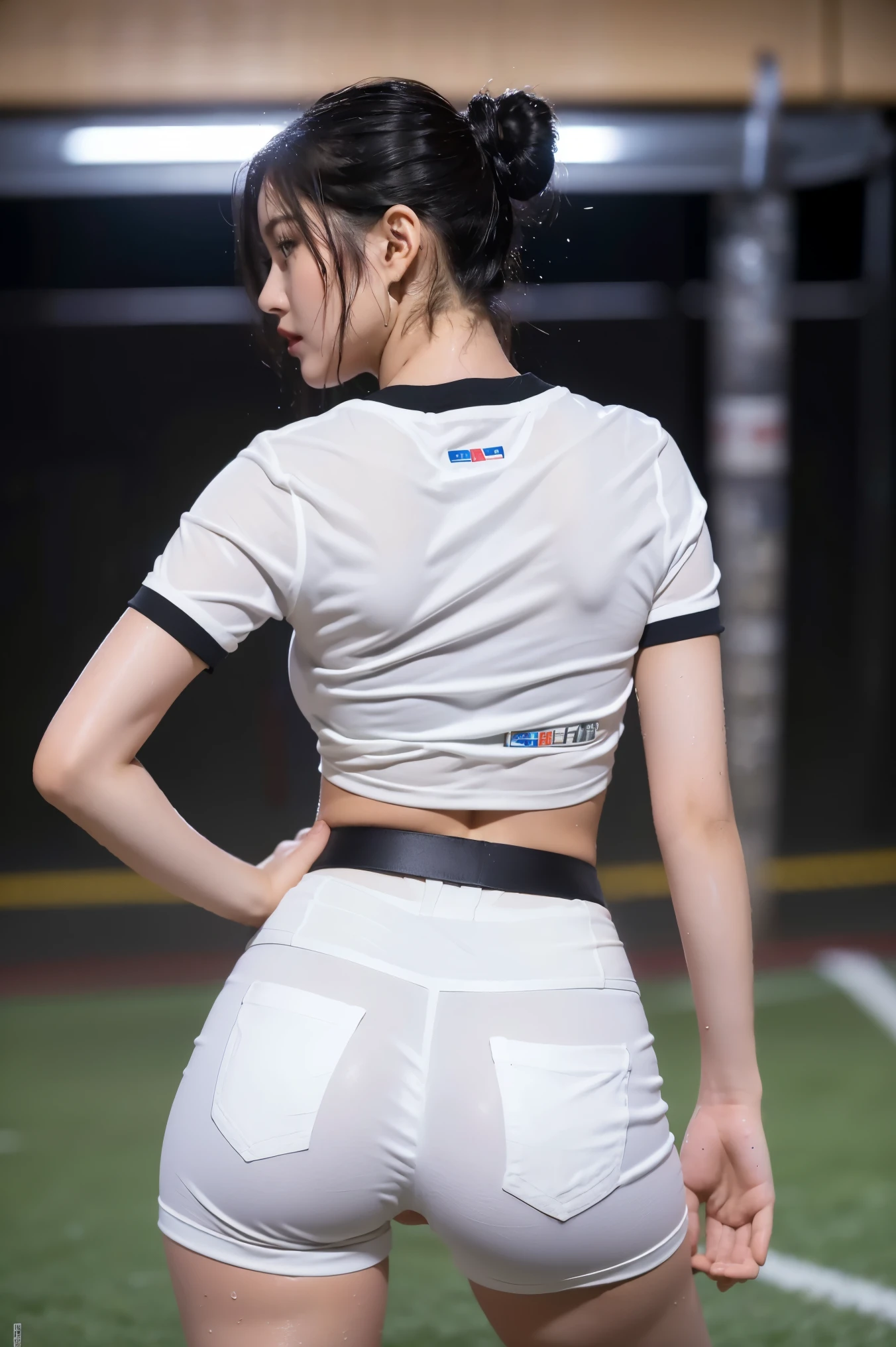 (8K), (highest quality: 1.2), (realistic), (realistic: 1.37), ultra high resolution, (3 girls),(straight black hair), (Scrunchie),Giant Dulcefo,(Short baseball team shirt),(waist is exposed:1.1),(Wet and see-through white hot pants:1.2), Standing in the city at night,whole body,long legs,Wet beautiful legs,From the back,(Super small ass:1.4),ponytail,(The lower part of her buttocks is slightly exposed from her hot pants.:1.3),(back view),(shot from behind:1.5),