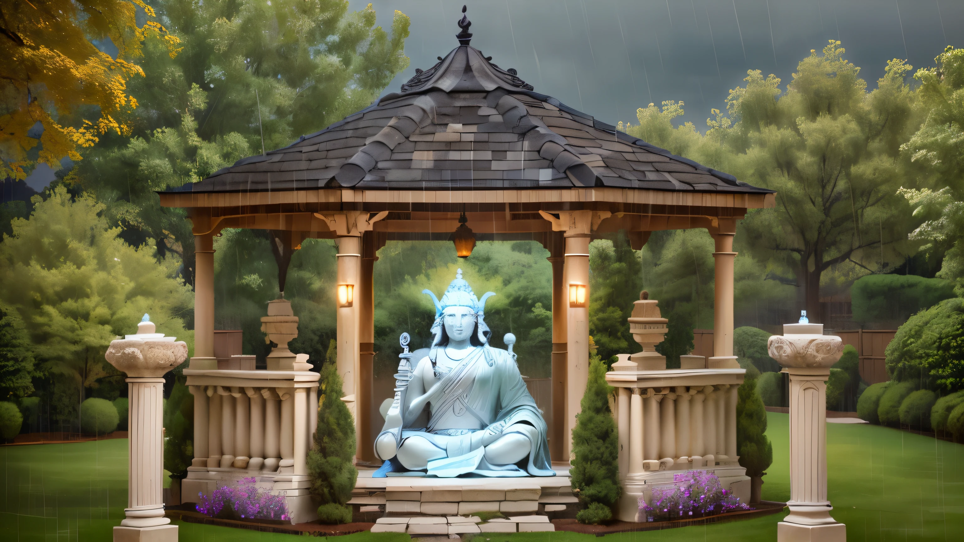 an outdoor cozy gazebo at a rainy cloudy day, two roman pillars with candle, a shiva statue in the center (do it detailed) in a cozy rainy day ( do it better, more detailed objects)