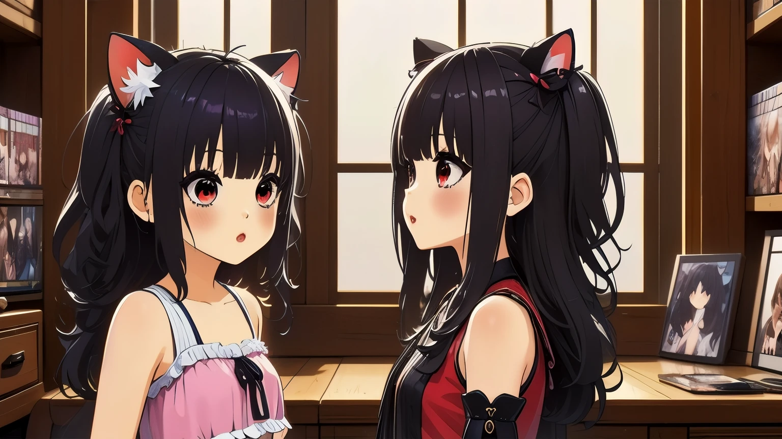 (obra maestra, Mejor calidad), 1 chica, ,((long hair slightly wavy slightly past the shoulders, black bangs, small black pigtails on the sides, cute cat ears, beautiful thin red eyes,)),, pechos talla G,  jugando videojuego, Interfaz de juego RPG en TV, librero manga, Playstation, piso de madera, cd, dolls, Sofa, mesa, poster, ventana