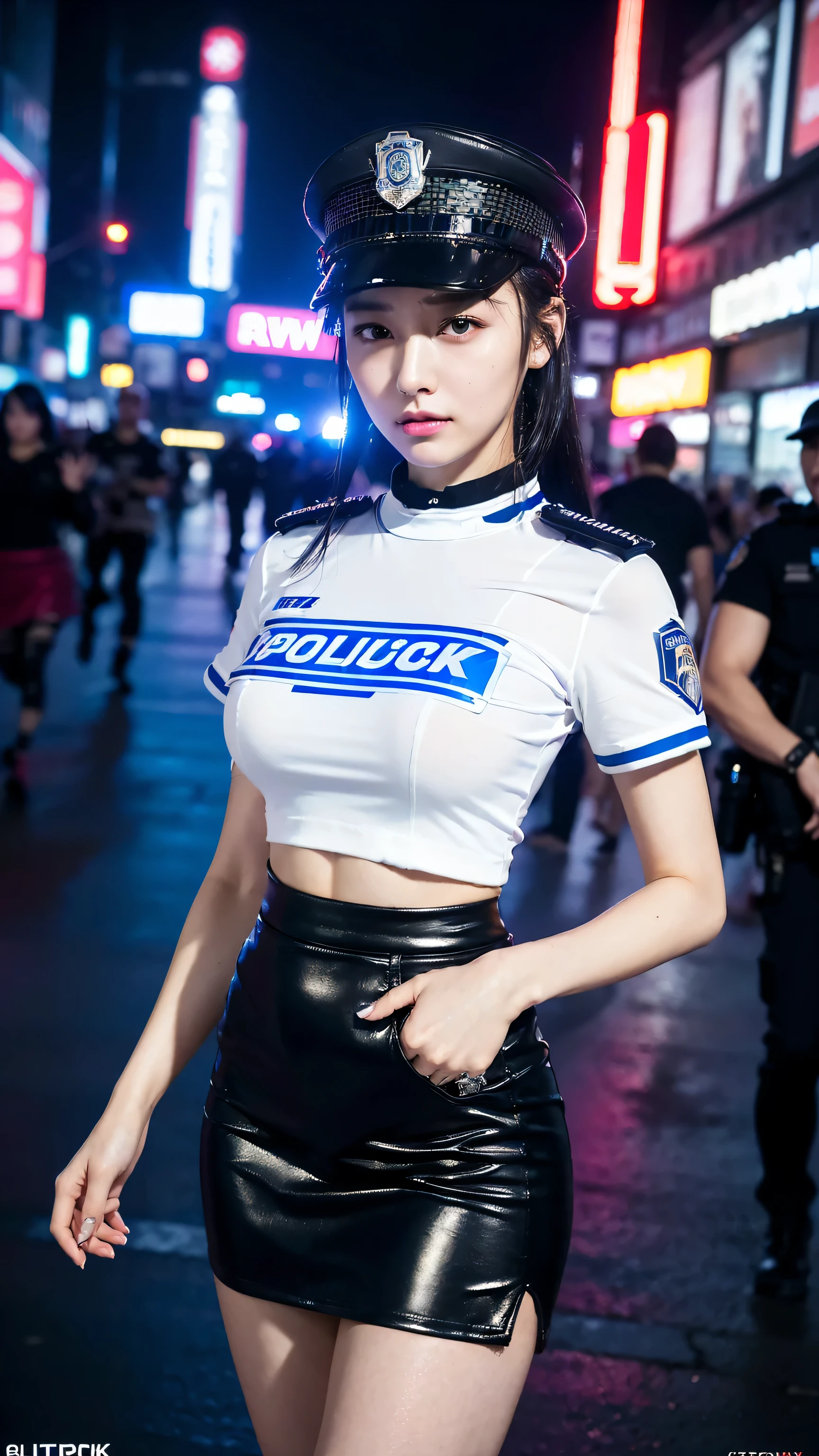 ((RAW photograph, Realistic photo, Best quality, 8K, Masterpiece: 1.3)), (raw photo:1.2), Hyperrealist portrait gorgeous Beautiful Chinese cyberpunk police girl, young girl, , pretty body, (beautiful breasts: 1.2), very detailed eyes and face, (lustfully naughty face, natural lip, natural makeup: 1.3, blushing), beautiful detailed eyes, seductive sharp eyes, (happy expression: 1.2), smooth white skin, photo realistic, very detailed faces, ((cyberpunk police shirt, cyberpunk police skirt), (police cap), ((high rank))), (long legs: 1.2, beautiful long nails), chignon hairstyle, ((cinematic standing)), (city of cyberpunk at night background)