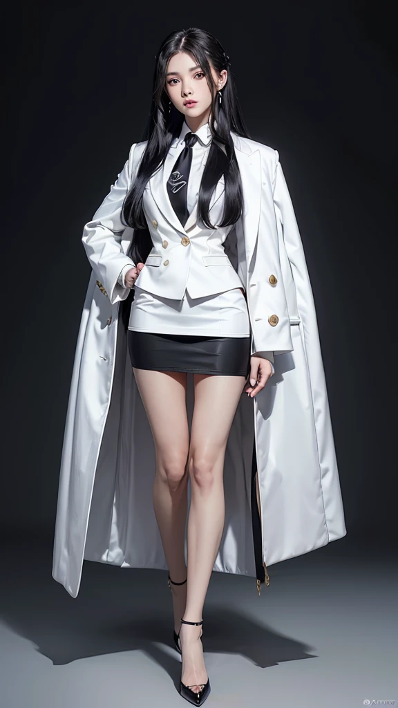 woman, (สาวสวยTwo meter long hair, very long hair, Extra long hair, long black hair), Italian style suit, Italian Suit, white suit, two-button suti, (ใส่สูทwoman, Business woman&#39;s suit, white), (ชุดสูทwomanwhite), (เสื้อเชิ้ตwhite), necktie, (necktieสั้นสีดำ, necktieสีดำ, The Skinny Necktie, Knit tie), (Military rank insignia), (short pencil skirtwhite), (dynamic post), full body, (A gigantic rift), (Huge breasts, thin body, small waist, hips raised, small thighs, Long legs), รองเท้าBlack high heels, (short pencil skirt, white), Wearing a suit for a business woman, (Wearing a white business suit, สูทนักธุรกิจหญิงwhite), (tight, military regalia, เสื้อwhite, กระโปรงwhite), (black shoes), (Two-button gold-colored suit buttons, Two meter long hair, Form-fitting suit, เสื้อสูทwhiteทรงธรรมดารัดรูป), (black shoes, high-heels, Black high heels), (stand, dynamic post), short suit, earring, 