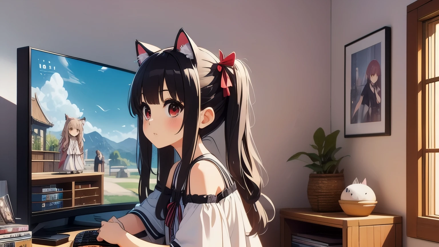 (obra maestra, Mejor calidad), 1 chica, ,((long hair slightly wavy slightly past the shoulders, black bangs, small black pigtails on the sides, cute cat ears, beautiful thin red eyes,)),, pechos talla G,  jugando videojuego, Interfaz de juego RPG en TV, librero manga, Playstation, piso de madera, cd, dolls, Sofa, mesa, poster, ventana