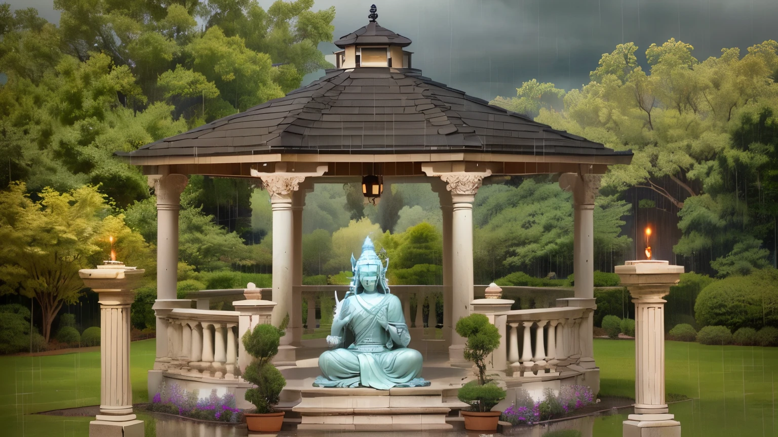 an outdoor cozy gazebo at a rainy cloudy day, two roman pillars with candle, a shiva statue back in a cozy rainy day