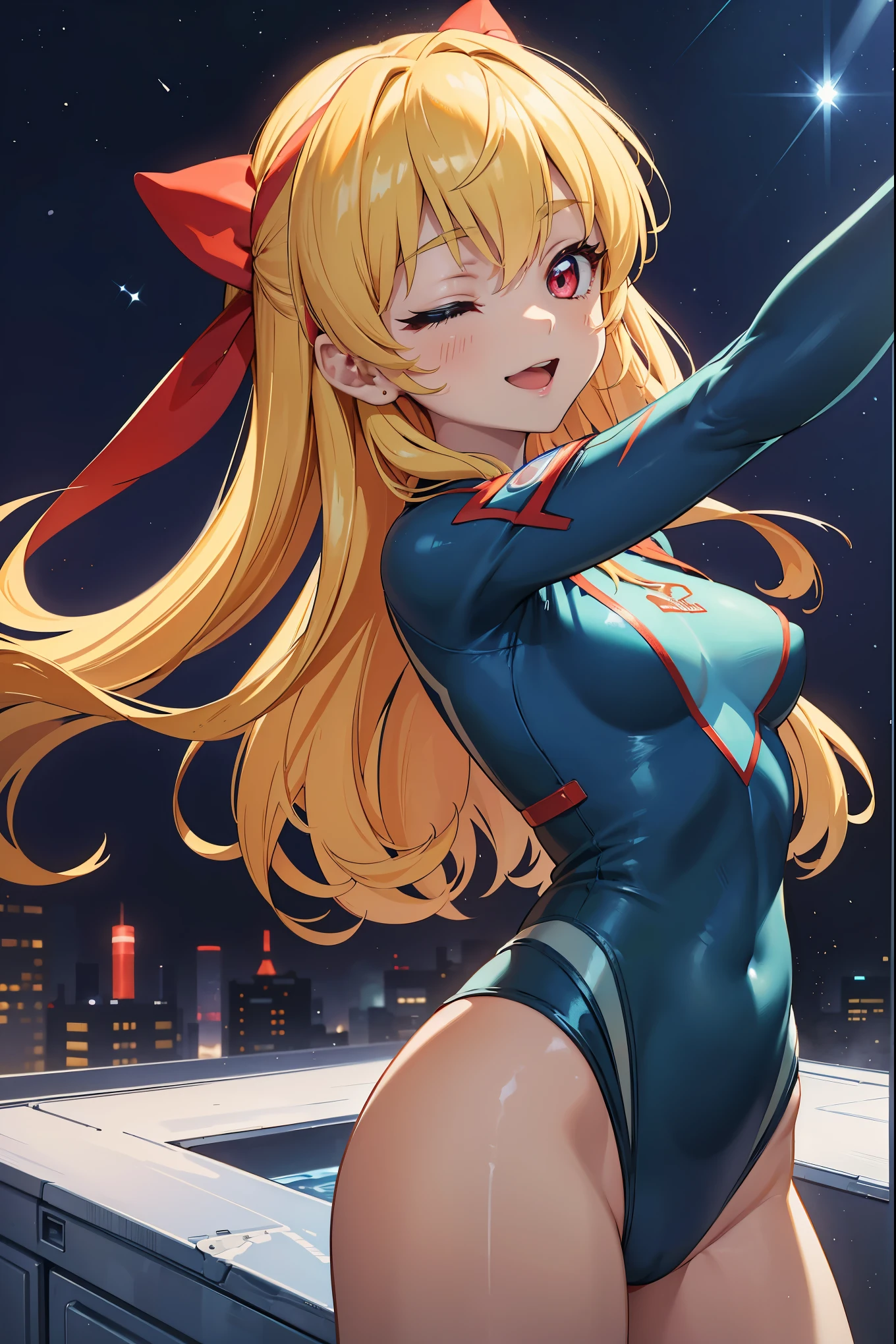 (Overlooking figure),dynamic angle,Super detailed, figure, close, straight, 1 girl, 
 ((Soryu Asuka Langley, interface headset, look at the audience、Green Hero Suit、Green bodysuit、Tight suit、(nffsw :1.0), Green Ultraman Bodysuit, blonde)),Her eyes shone like dream-like stars,(shining eyes:1.233),(beautiful and detailed eyes:1.1),(No expression),(Are standing), the last spell（prompt）
(masterpiece, highest quality, ultra high resolution, perfect anatomy, very detailed),
break,
1 girl,
14 years old,
red eyes,
twin tails,
blonde hair,
big ribbon in hair,
Idol Costumes,
break,
(Pointing),
(full face),
One eye closed,
(open your mouth),
Glowing Eyes,
smile,
stage lighting,
(In a white spaceship、Mechanic room with tools and spaceship window),
(night:1.2),dream-like, [[delicate fingers and hands:0.55]::0.85],(finger details),