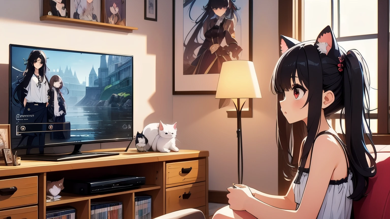 (obra maestra, Mejor calidad), 1 chica, ,((long hair slightly wavy slightly past the shoulders, black bangs, small black pigtails on the sides, cute cat ears, beautiful thin red eyes,)),, pechos talla G,  jugando videojuego, Interfaz de juego RPG en TV, librero manga, Playstation, piso de madera, cd, dolls, Sofa, mesa, poster, ventana