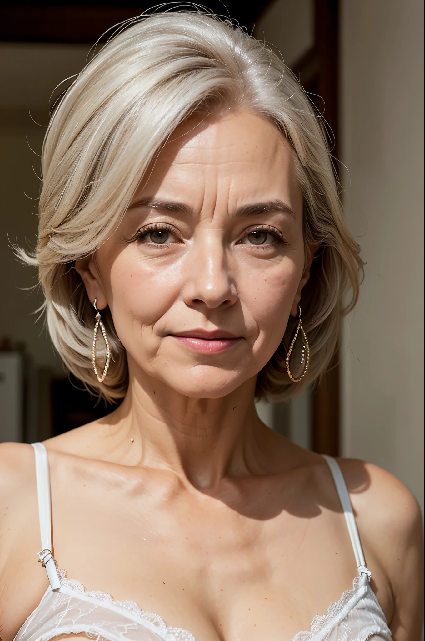 (masutepiece:1.2), High Definition, High quality,(60-year-old woman:1.3)、(Wrinkles on the face:1.2)、Beautie、beautiful white lingerie, Sweet ta, Puffy sleeves, Very big saggy mature breasts:1.8,white hair tied up, diamond earrings