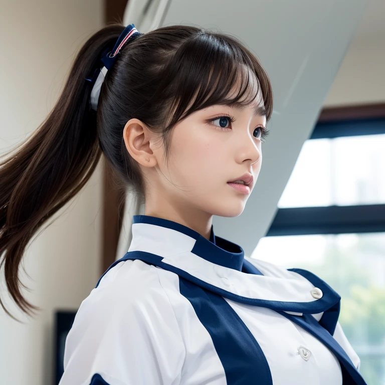 The face of a beautiful teenage Japanese female idol wearing cool white and navy stage costumes with a futuristic design dancing with a serious expression on her face by the window. Focal length 100mmf/2.8, spring day, sunny, living room on the upper floor of a high-rise apartment, ideal light source, well-shaped face, profile, toned body, large movements of the arms, rotation of the body, close-up of the eyes, A sense of realism, a sense of dynamism, 8K image quality, and the highest quality.