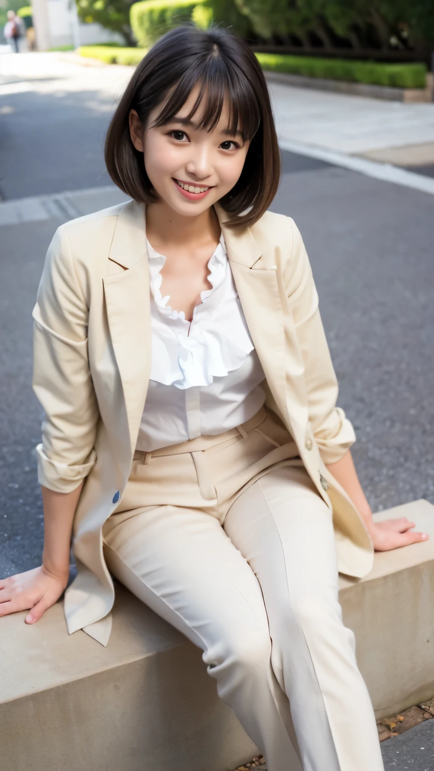 Best-quality, Masterpiece, Ultra-High-Resolution, (Photorealistic:1.4), Raw-Photo, 1girl, the most famous Japanese idol, (((beige tailored-jacket over white frilly-blouse, beige slacks, white platform-sneakers))), fullbody-shot, at Japanese university, extremely cute face, extremely cute big-eyes, extremely cute hairstyle, extremely beautiful skins, looking at viewer, innocent-smile