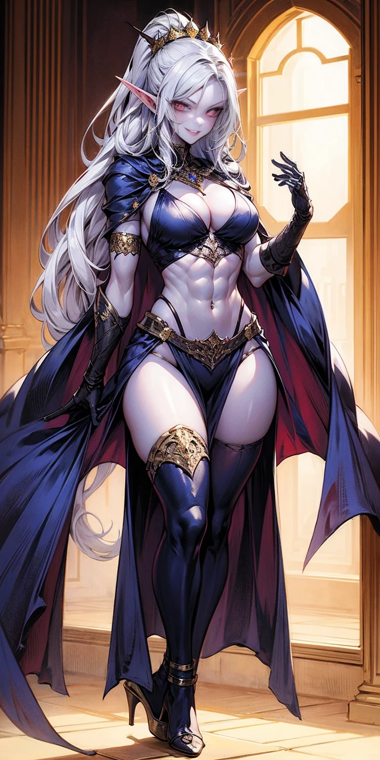 extremely long hair, ponytail, perfect anatomy 1 girl tall solo, slim thick, ((muscular)) high elf toned body, silver breast plate, blue cape, slender abs, hourglass waist, detailed face, defined cheekbones, puffy lips, gauntlets, gold crown, shadow over eyes, looking at viewer, masterpiece, white thigh highs lingerie, lustful smirking smile face red blushed red cheeks, 2 high heels feet together