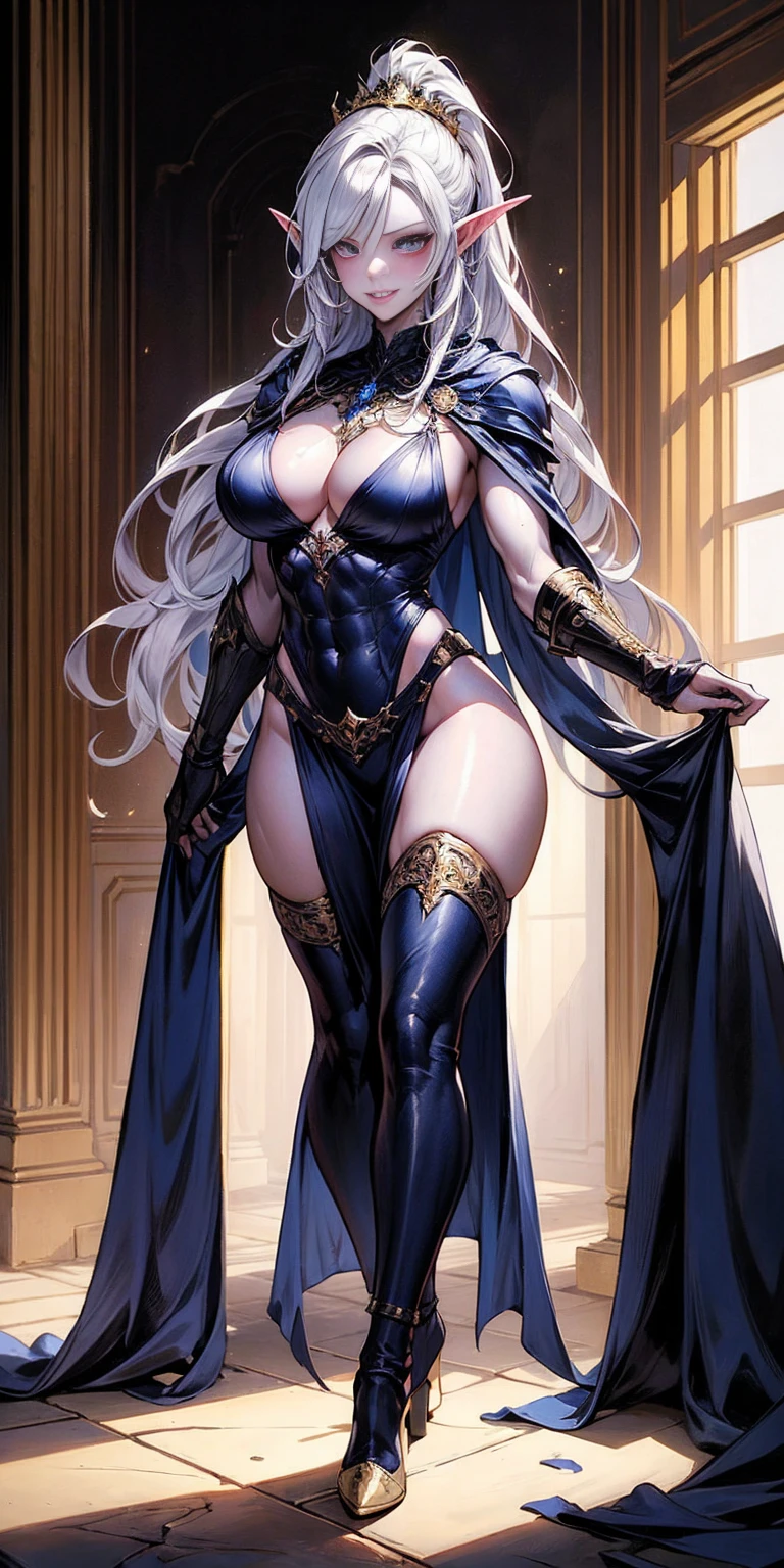 extremely long hair, ponytail, perfect anatomy 1 girl tall solo, slim thick, ((muscular)) high elf toned body, silver breast plate, blue cape, slender abs, hourglass waist, detailed face, defined cheekbones, puffy lips, gauntlets, gold crown, shadow over eyes, looking at viewer, masterpiece, white thigh highs lingerie, lustful smirking smile face red blushed red cheeks, 2 high heels feet together