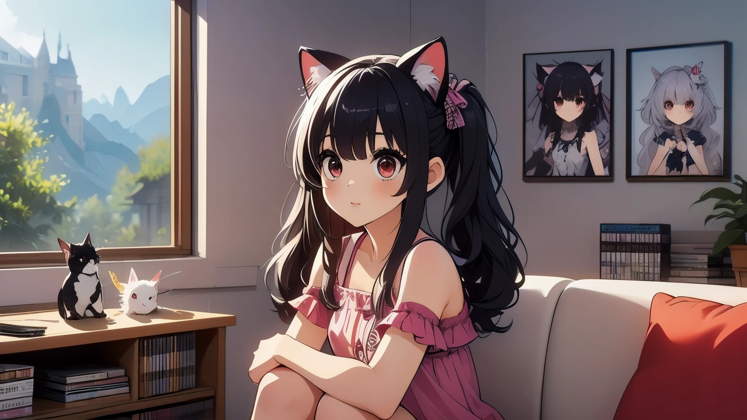 (obra maestra, Mejor calidad), 1 chica, ,((long hair slightly wavy slightly past the shoulders, black bangs, small black pigtails on the sides, cute cat ears, beautiful thin red eyes,)),, pechos talla G,  jugando videojuego, Interfaz de juego RPG en TV, librero manga, Playstation, piso de madera, cd, dolls, Sofa, mesa, poster, ventana