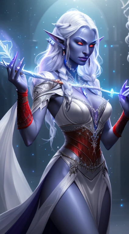 1girll, Sexy drow, Violet blue skin, Light silver slender braid, ((Red eyes)), jewely, ears of elf, Earrings, ((White witch sexy dress)), ((Waving a staff)), ((Cast light magic)), On the roof of the sickle, sport, voluminetric lighting, Best quality, Masterpiece, Realistic, Anatomically correct, (Powerful cinematic lighting), Stunning details, Intricate details, 8K post-production, high resolution, super detailing, trending on artstationh, Sharp focus, Depth of field f/1.8, Studio photos, (((looking at the camera in)))