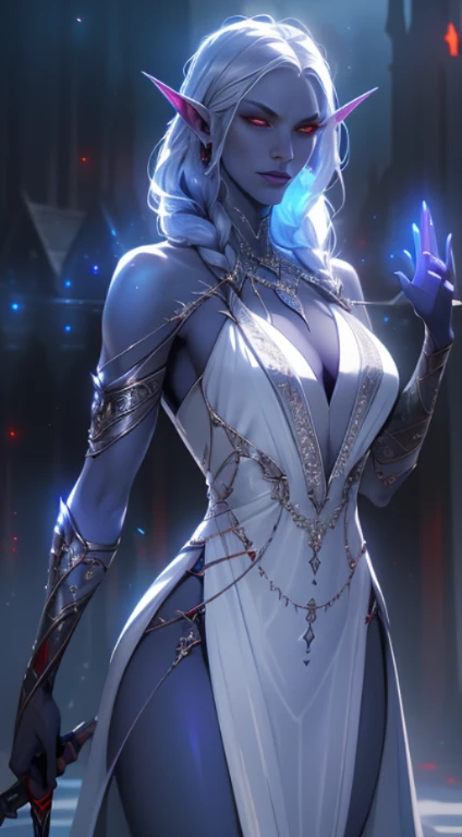 1girll, Sexy drow, Violet blue skin, Light silver slender braid, ((Red eyes)), jewely, ears of elf, Earrings, ((White witch sexy dress)), ((Waving staff)), ((Cast light magic)), On the roof of the sickle, sport, voluminetric lighting, Best quality, Masterpiece, Realistic, Anatomically correct, (Powerful cinematic lighting), Stunning details, Intricate details, 8K post-production, high resolution, super detailing, trending on artstationh, Sharp focus, Depth of field f/1.8, Studio photos, (((looking at the camera in)))