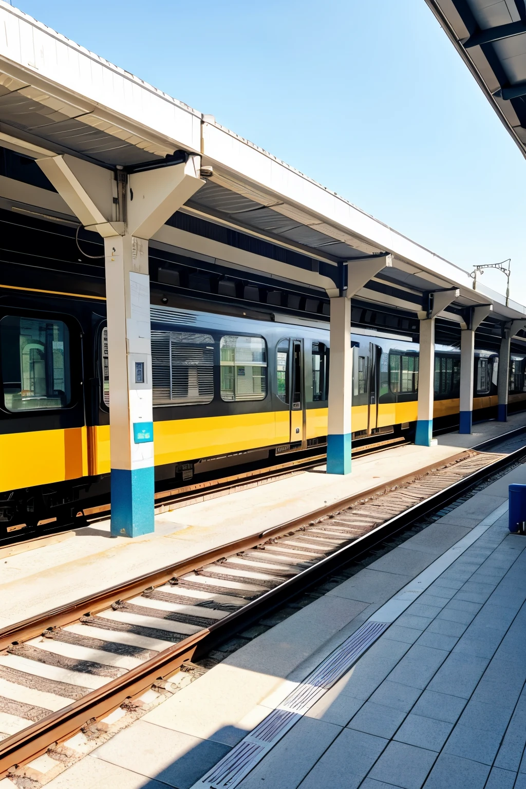 Railway station White platform Yellow braille blocks Sunny Japanese scenery Mizuno Station characters